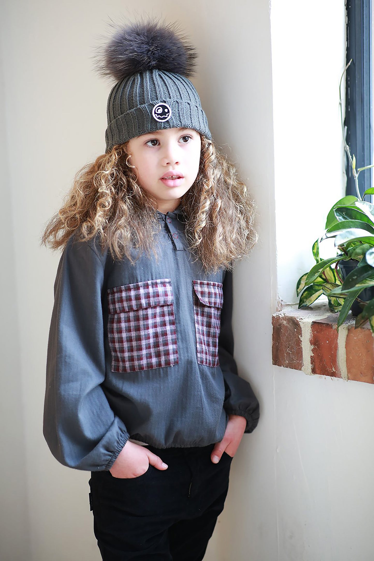 Better Small Check Grey Hooded Blouse