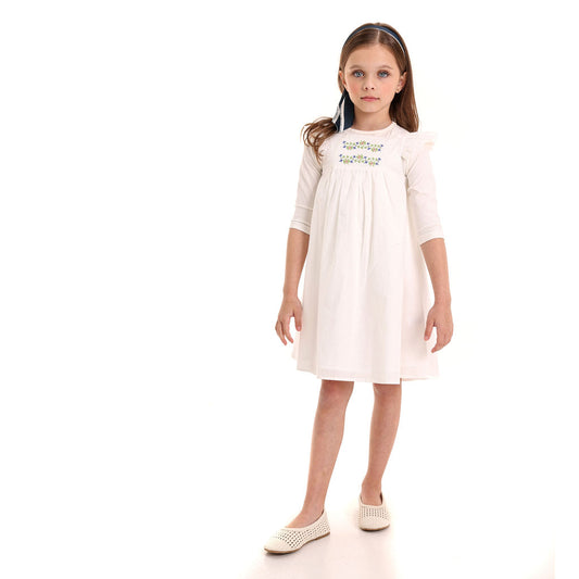 White Embroidery Smocked Linen Dress