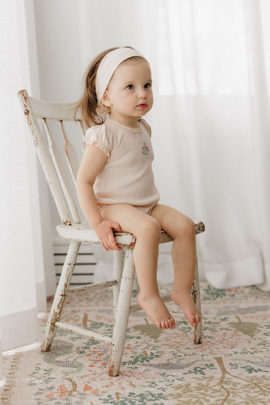 Ribbed Floral Embroidered Pink Romper