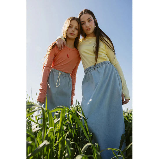 Washed Blue Denim Drawstring  Skirt