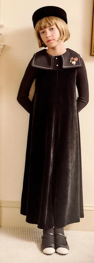 Embroidered Collar Velour Maxi - Black
