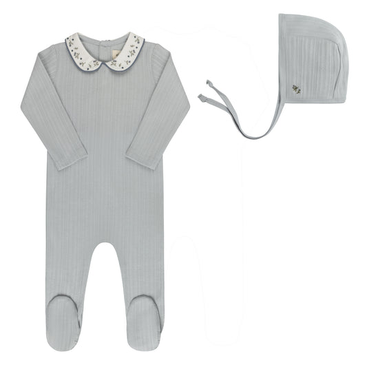 Floral Embroidered Collar Blue Footie+Bonnet