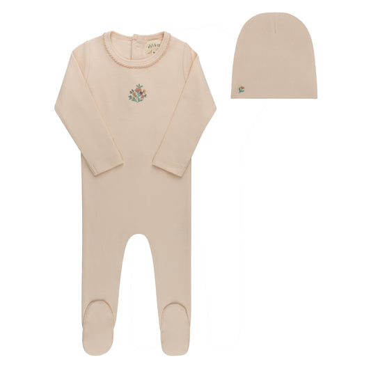 Ribbed Floral Embroidered Pink Footie+Beanie