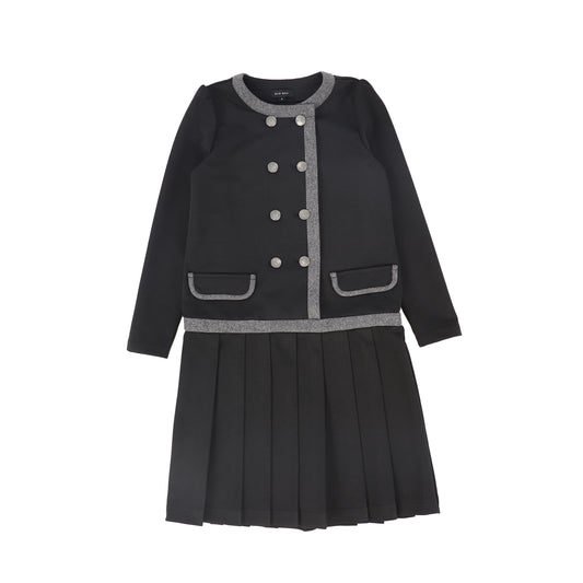 Double Breasted Pleated Dress - Black