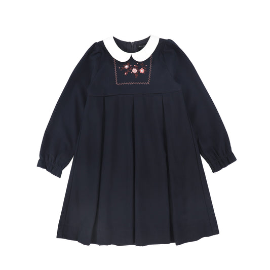Wool Embroidered Dress - Navy