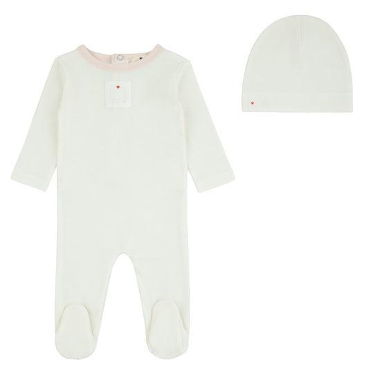 Pink Print Teddy Patch Footie And Beanie