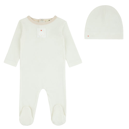 Tan Print Teddy Patch Footie And Beanie