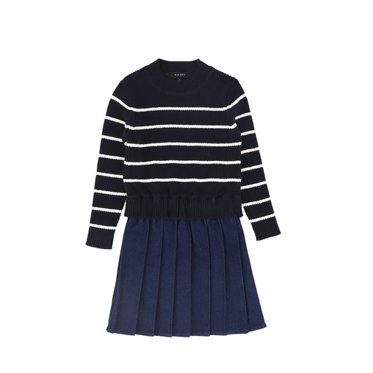 Stripe Knit Pleated Dress- Navy