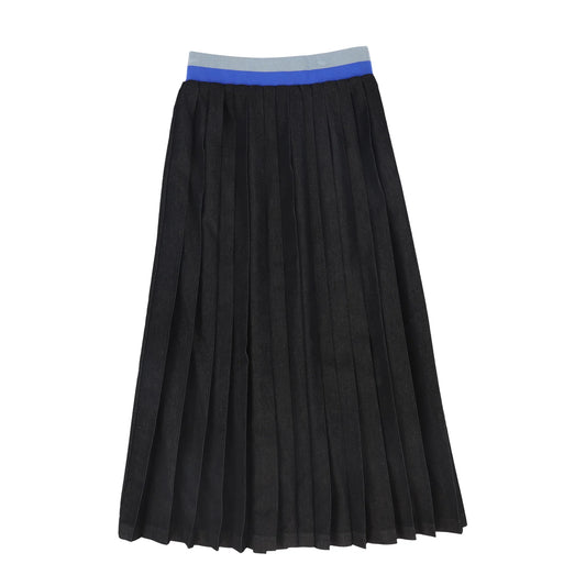 Denim Pleated Maxi Skirt- Black