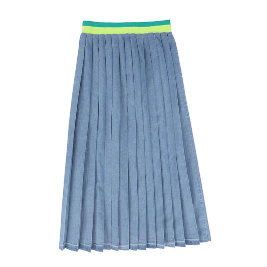 Denim Pleated Maxi Skirt- Blue denim