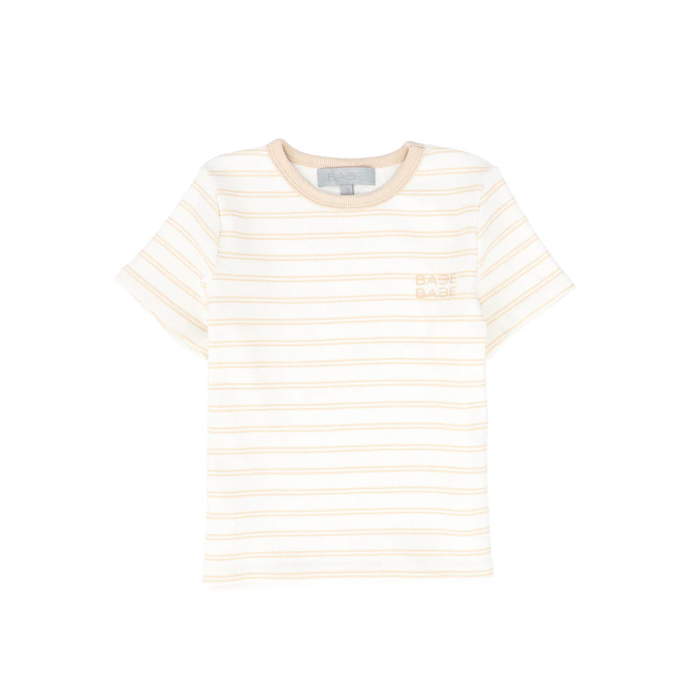 Striped Ribbed SS T-shirt- Tan