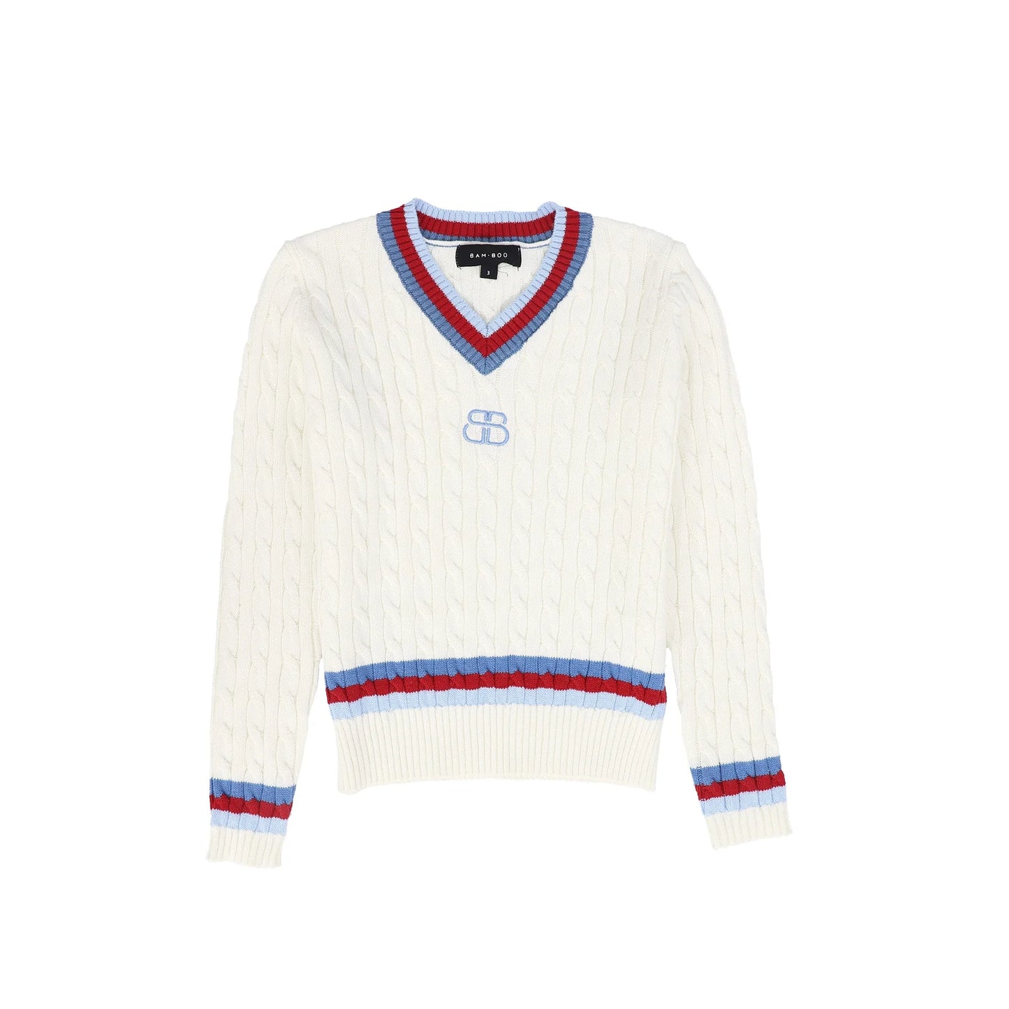 Cable Knit V Neck Trim LS Sweater