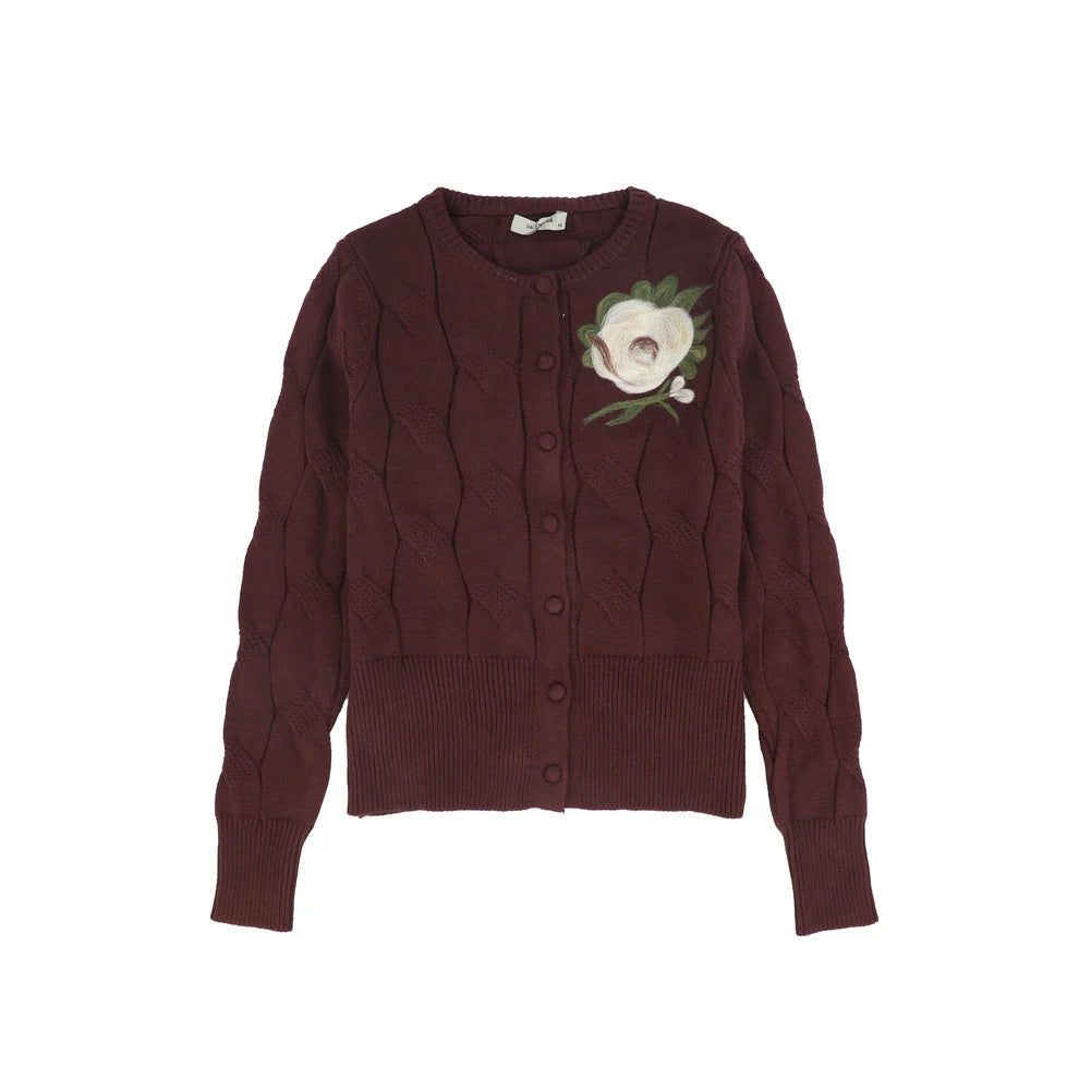 Painted Cable Knit Cardigan- Burgundy