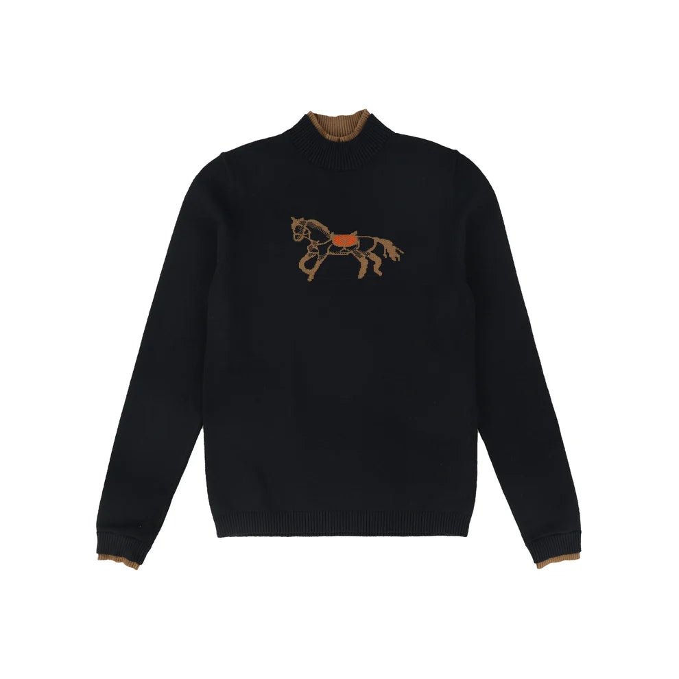 Black Horse Print Knit Turtleneck