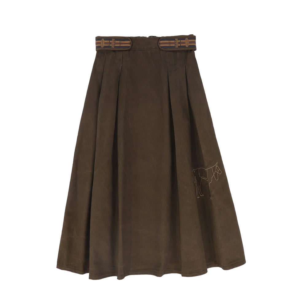 Denim Embroidered Pleat Skirt