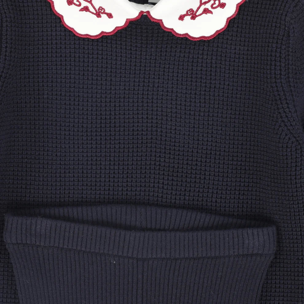 Textured Embroidered Collar Sweater Set