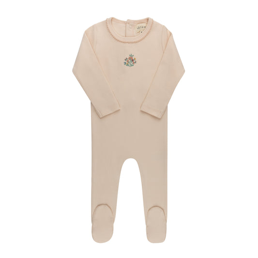 Ribbed Floral Embroidered Pink Footie