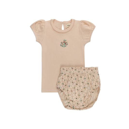 Ribbed Floral Embroidered Pink T-shirt and Bloomer