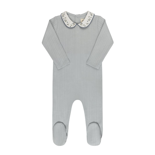 Floral Embroidered Collar Blue Footie