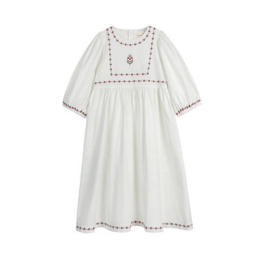 Girls Embroidered Dress- Ivory
