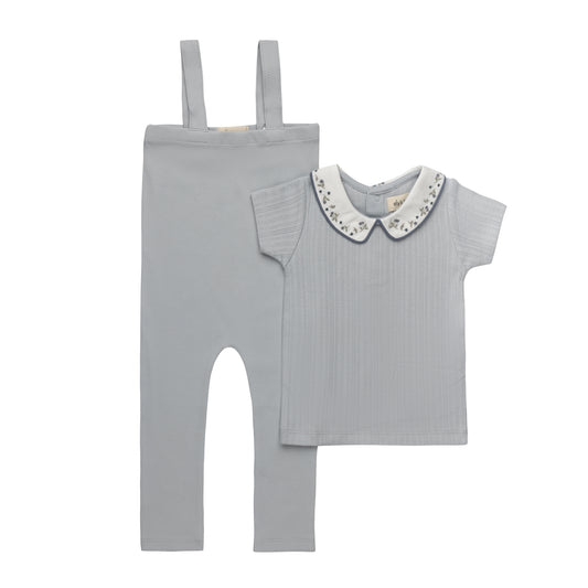 Floral Embroidered Collar Blue Bodysuit and Overalls