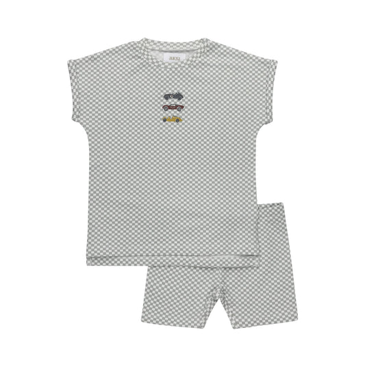 Blue Checked Race Car Boys Tee and Shorts