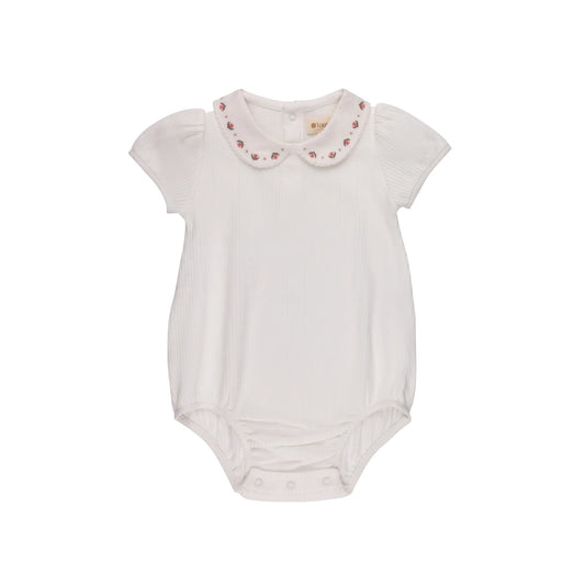 Embroidered Trim Collection Romper- Ivory/Pink