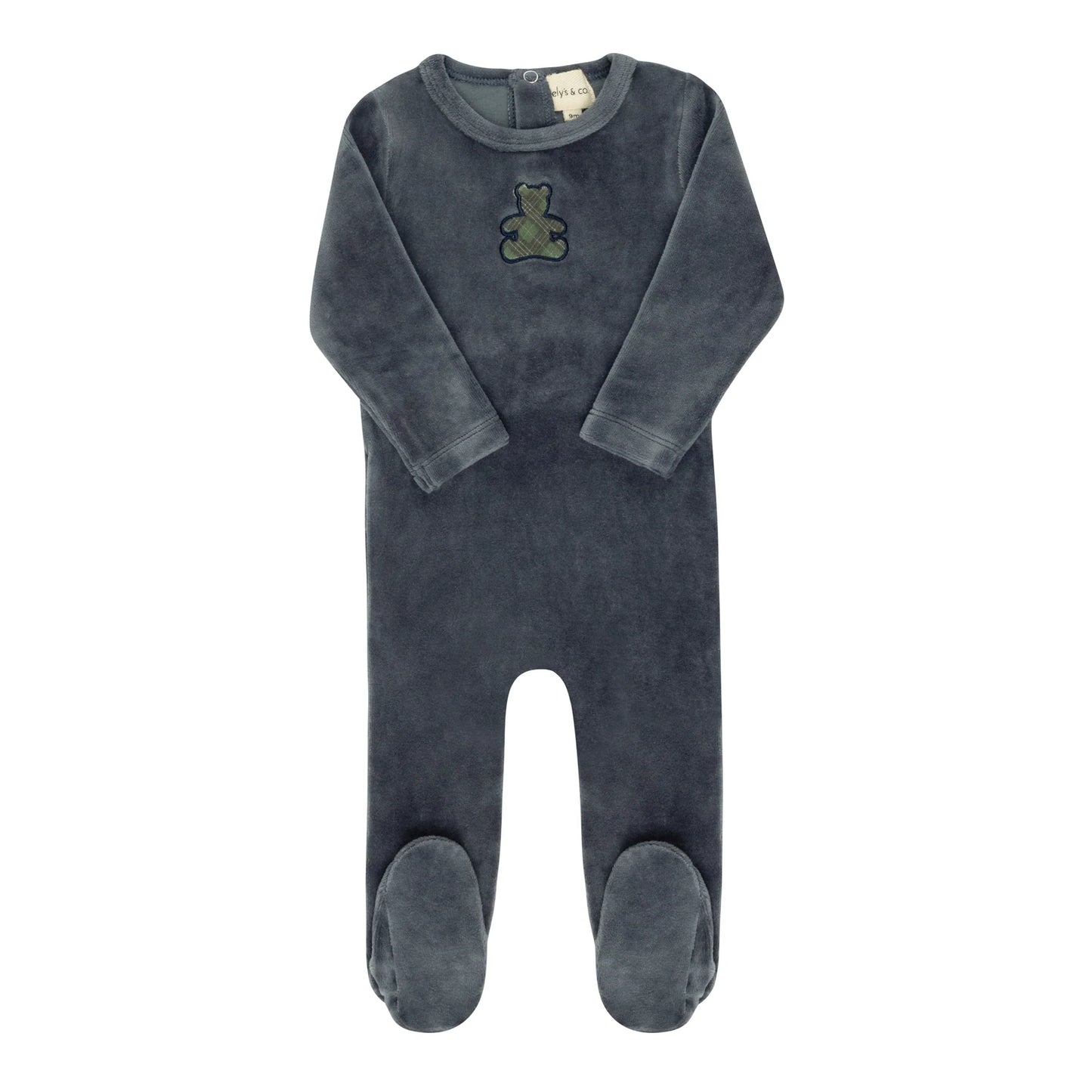 Velour Plaid Bear Footie- Blue