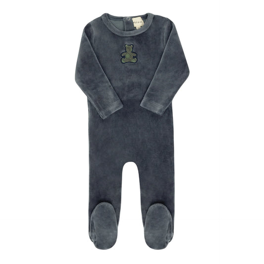 Velour Plaid Bear Footie- Blue