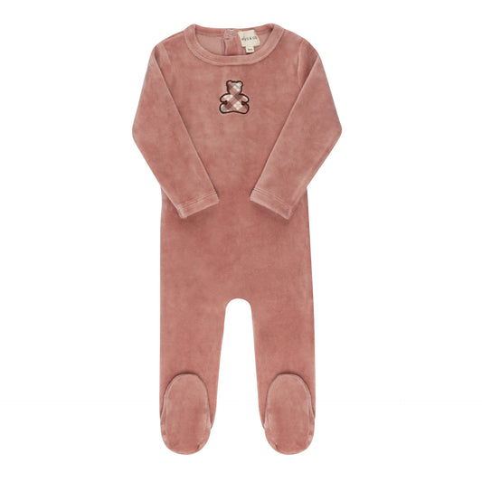 Velour Plaid Bear Footie- Pink
