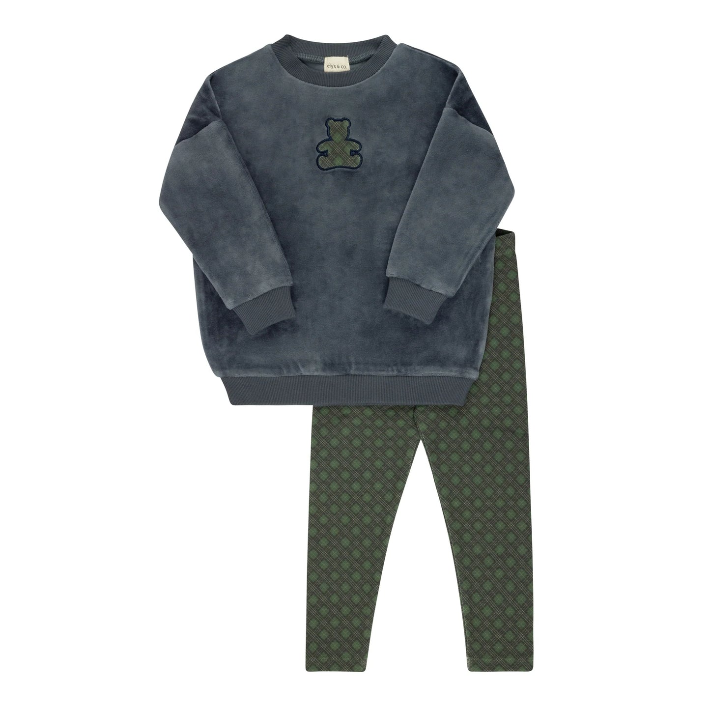 Velour Plaid Bear Sweatshirt Set- Blue