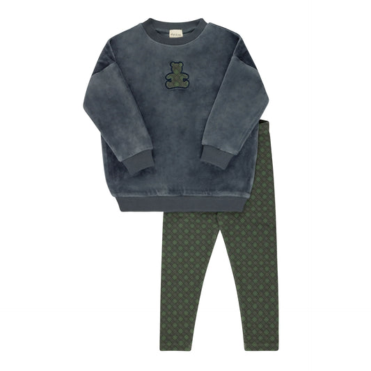 Velour Plaid Bear Sweatshirt Set- Blue
