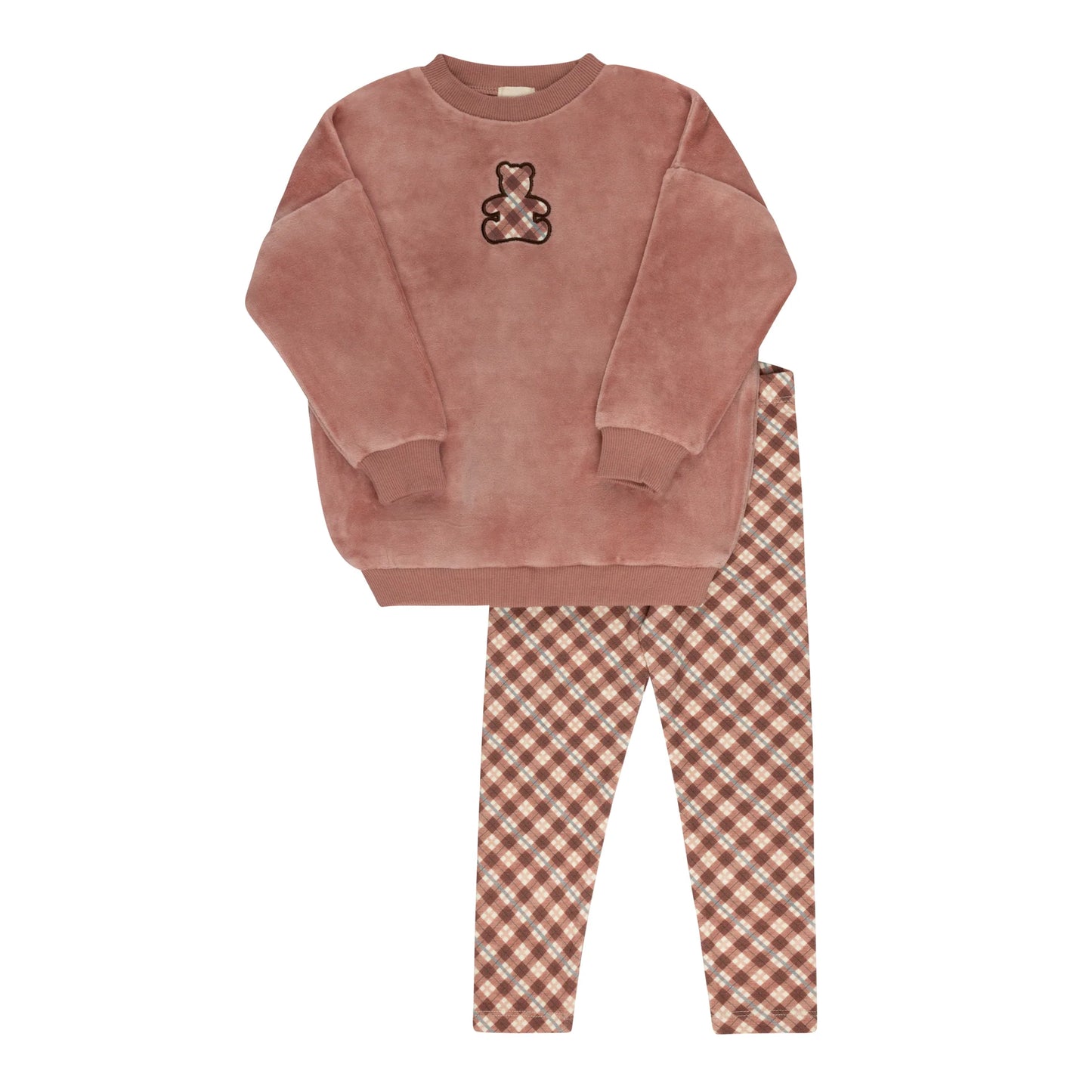 Velour Plaid Bear Sweatshirt Set- Pink