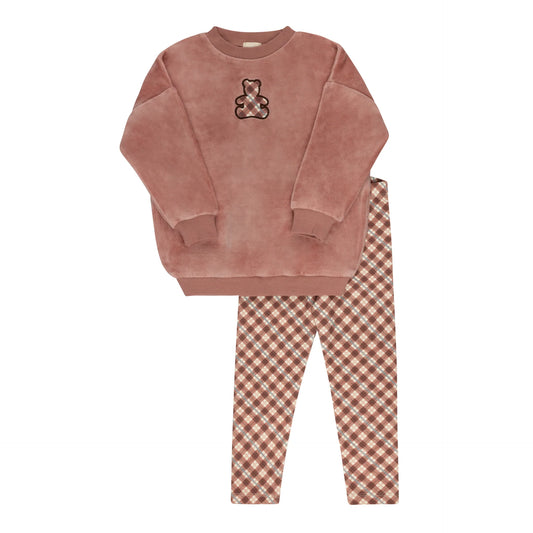 Velour Plaid Bear Sweatshirt Set- Pink