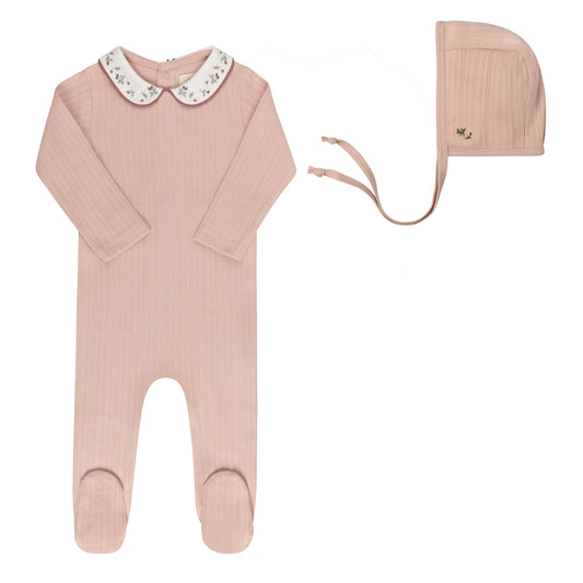 Floral Embroidered Collar Pink Footie+Bonnet