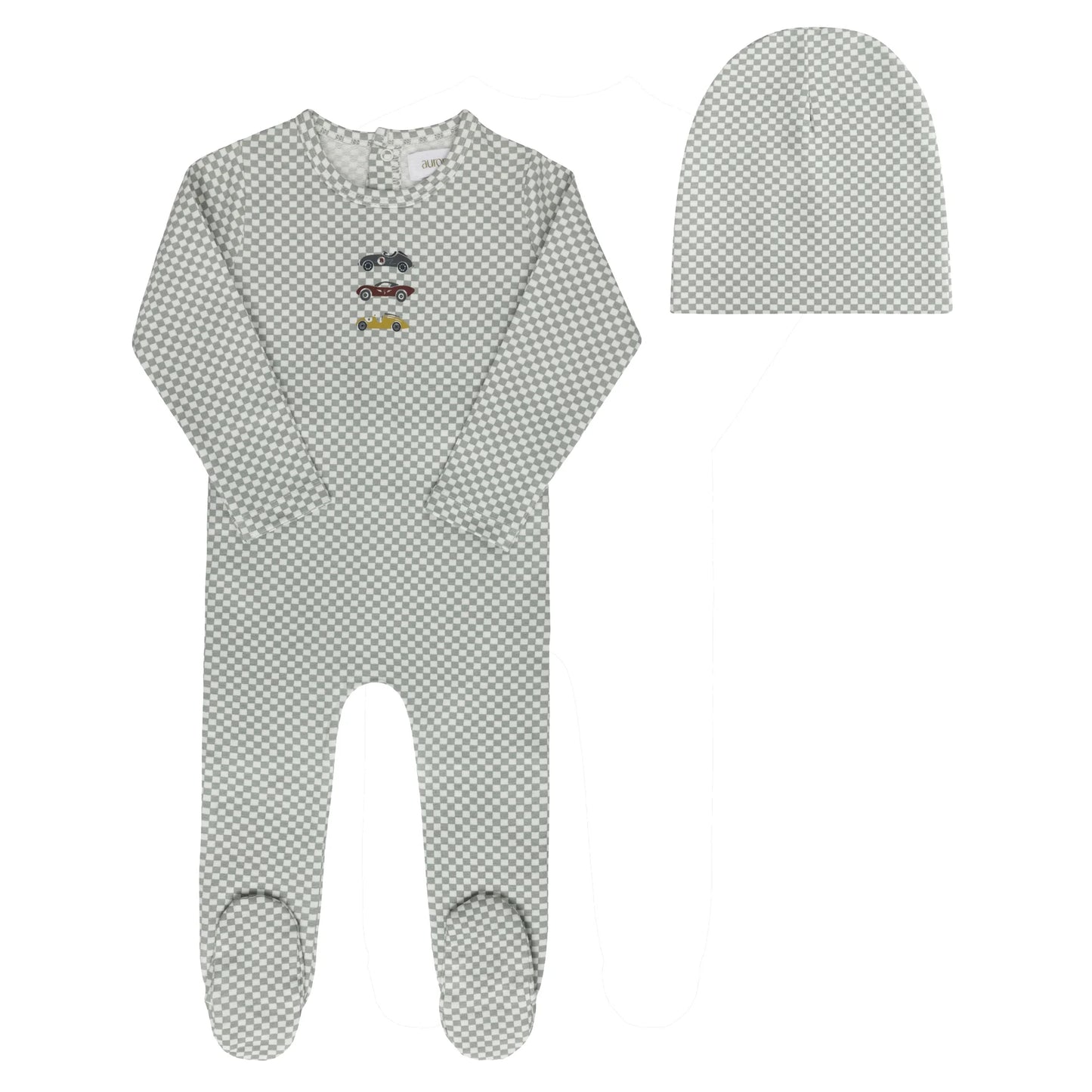 Blue Checkced Race Car Footie+Beanie