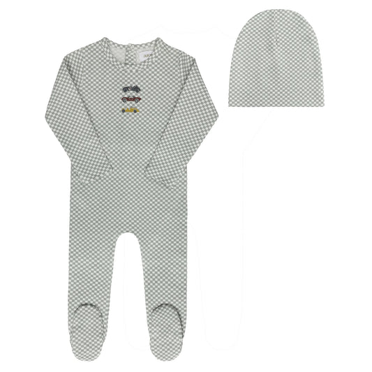 Blue Checkced Race Car Footie+Beanie
