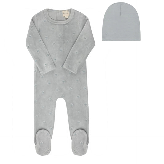 Velour Embroidered Floral Collection Footie + Beanie