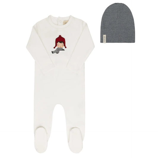 Autumn Kids Collection Ivory-Blue Footie + Beanie