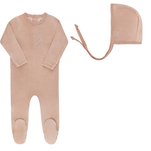 Velour Center Floral Collelction Footie + Bonnet- Pink