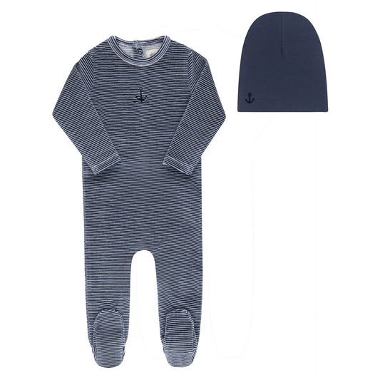 Velour Stripe Collection Footie + Beanie- Dark Blue