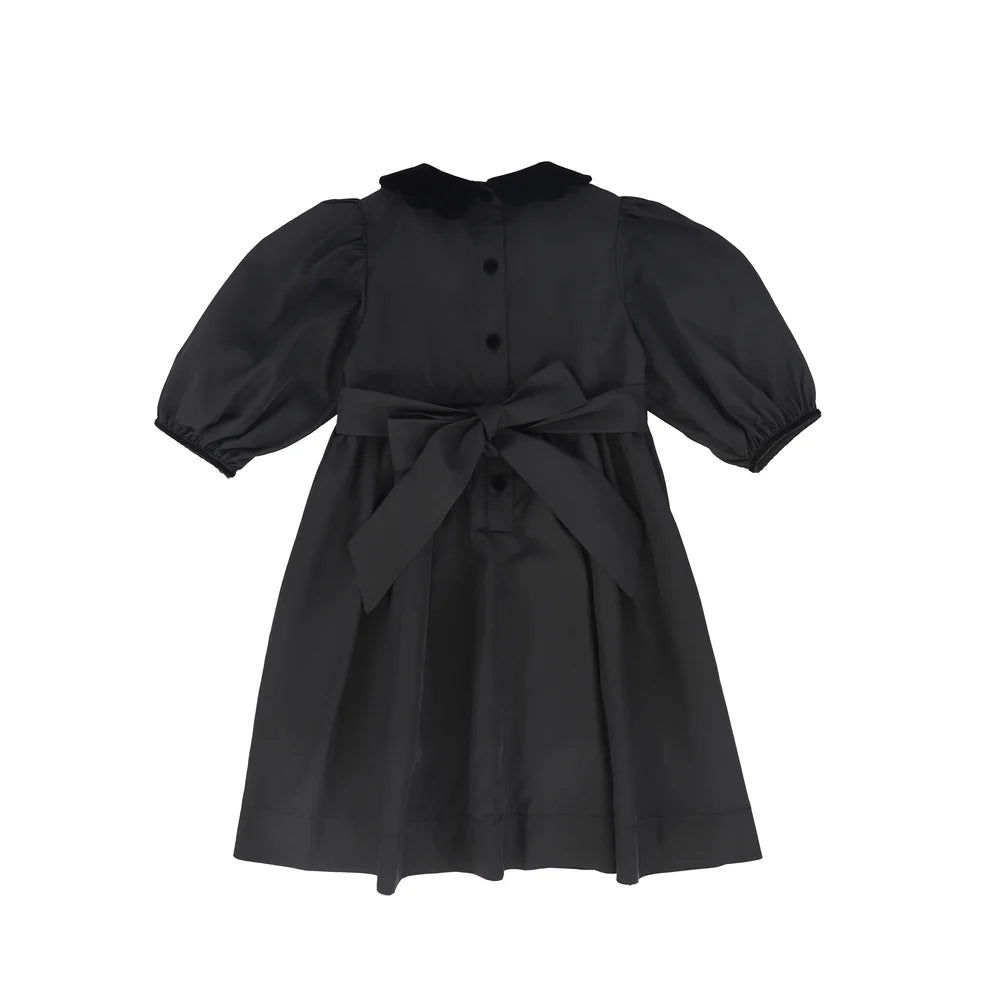 Taffeta Velvet Collar Puff Sleeve Dress