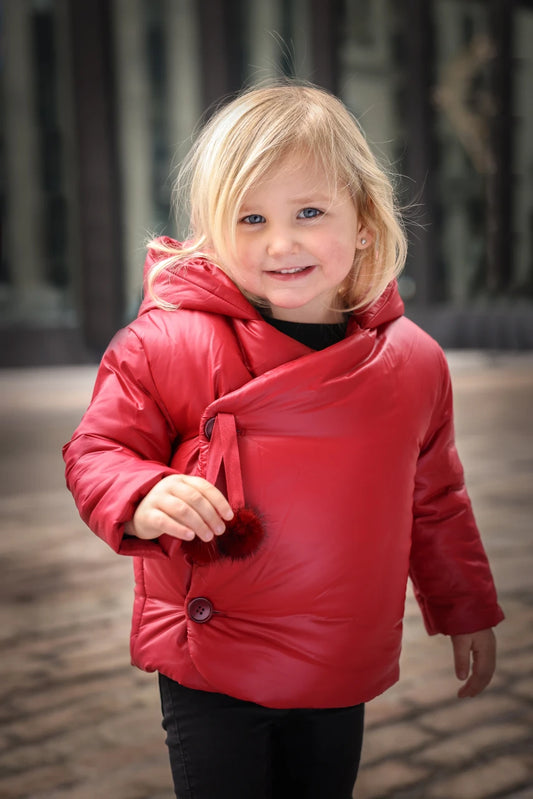 Side Opening pom pom tie Winter Jacket- Red
