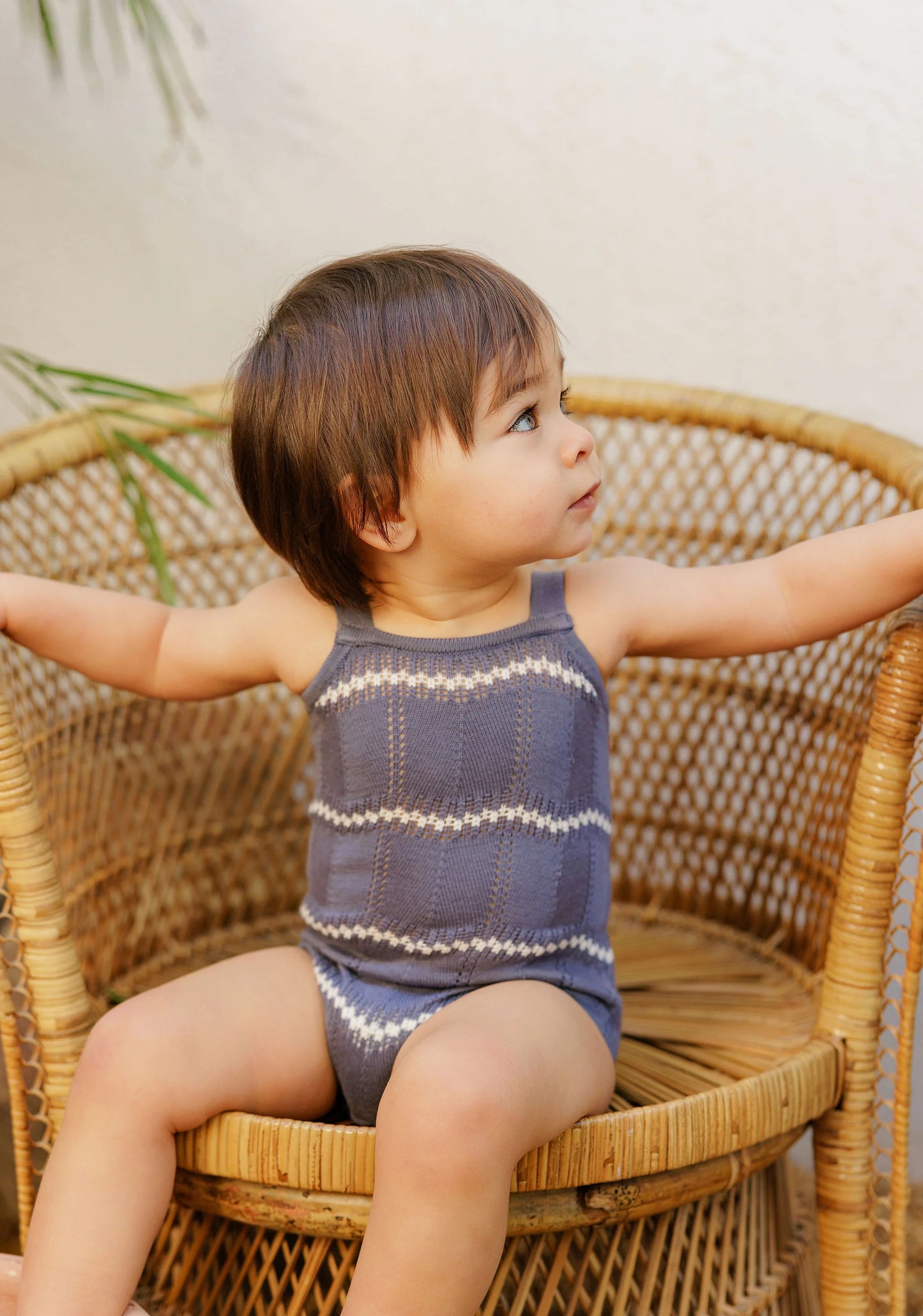 Boys Wave Knit Romper – Blue/Ivory