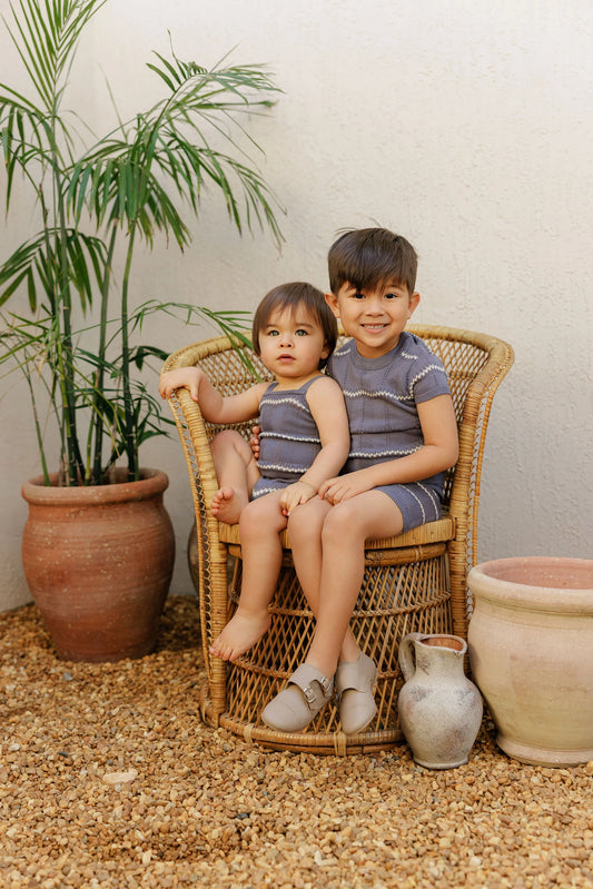 Boys Wave Knit Romper – Blue/Ivory