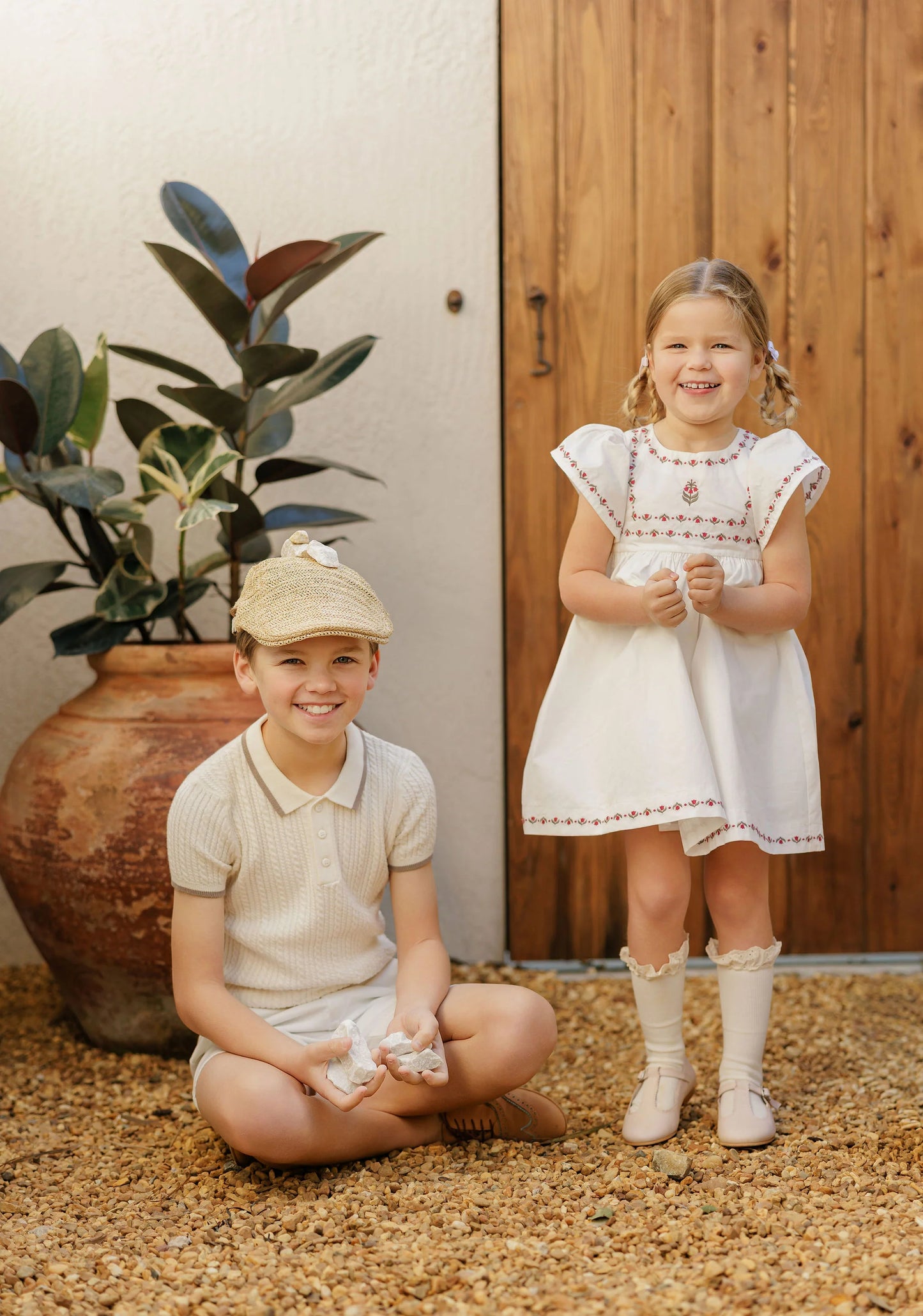 Embroidered Trim Collection Boys - Ivory/Taupe