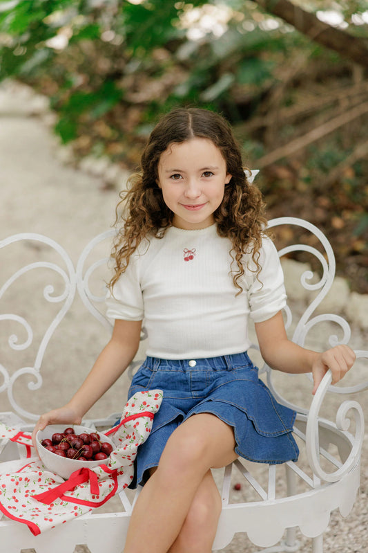 Ivory/Pink Pointelle Bow Print Collection 3/4 Sleeve Tshirt