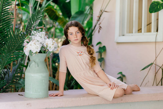 Floral Stripe Pink 3/4 Sleeve Dress