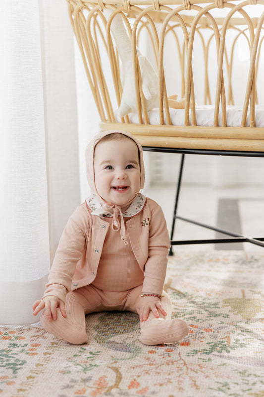 Floral Embroidered Collar Pink Footie+Bonnet