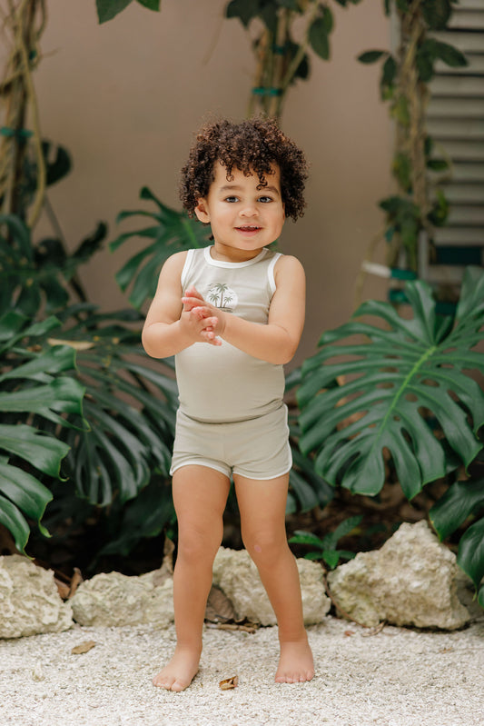 Ribbed Printed Palm-Sage-Tank and Shorts